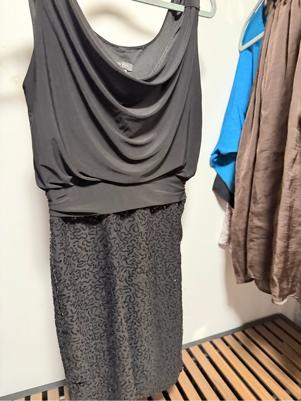 Bisou Bisou Black Draped dress with Sequin Texture